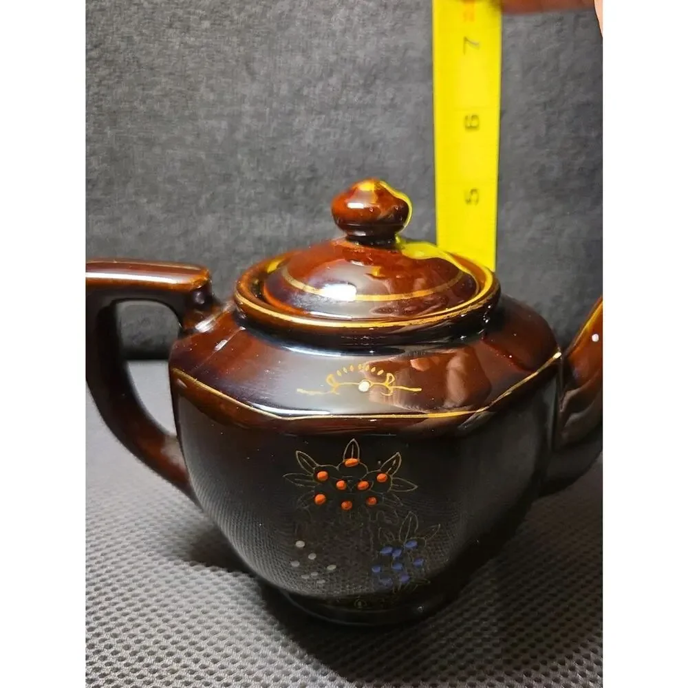Vintage Brown Betty Redware Teapot Moriage Enamel Hand Painted Japan GUC MCM